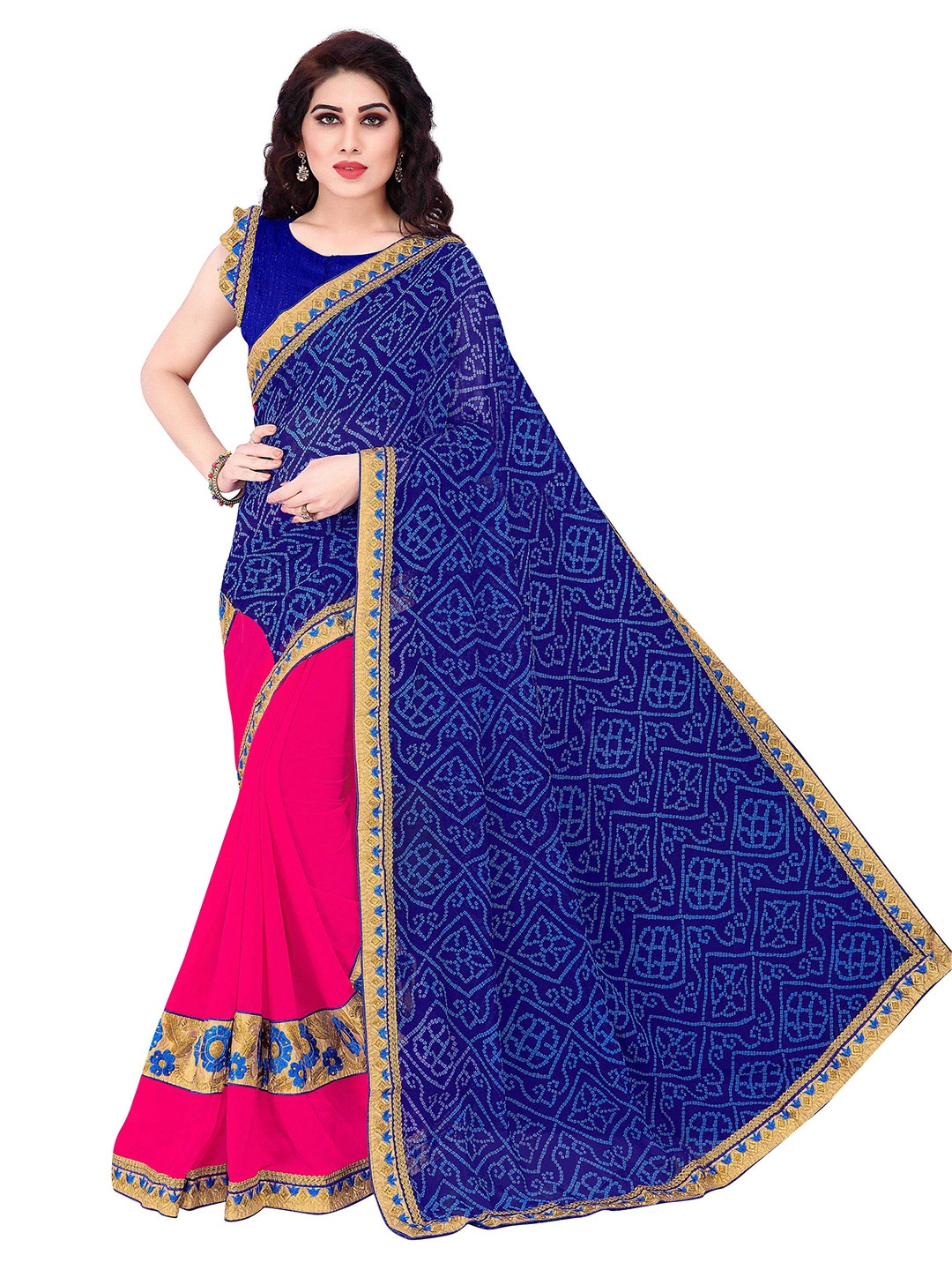

Mirchi Fashion Blue & Red Bandhani Beads and Stones Bandhani Saree