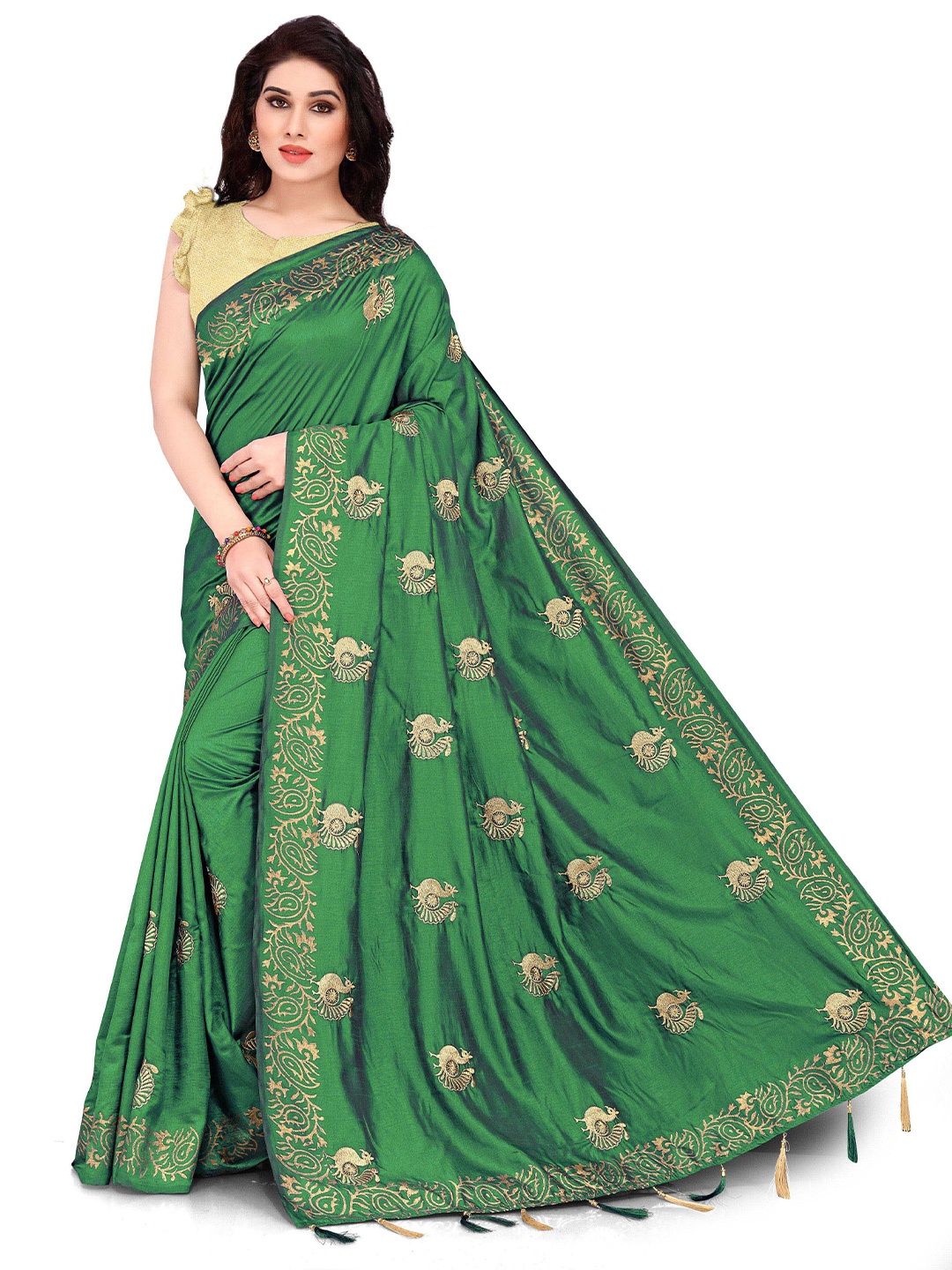 

KALINI Green & Beige Ethnic Motifs Zari Silk Blend Saree