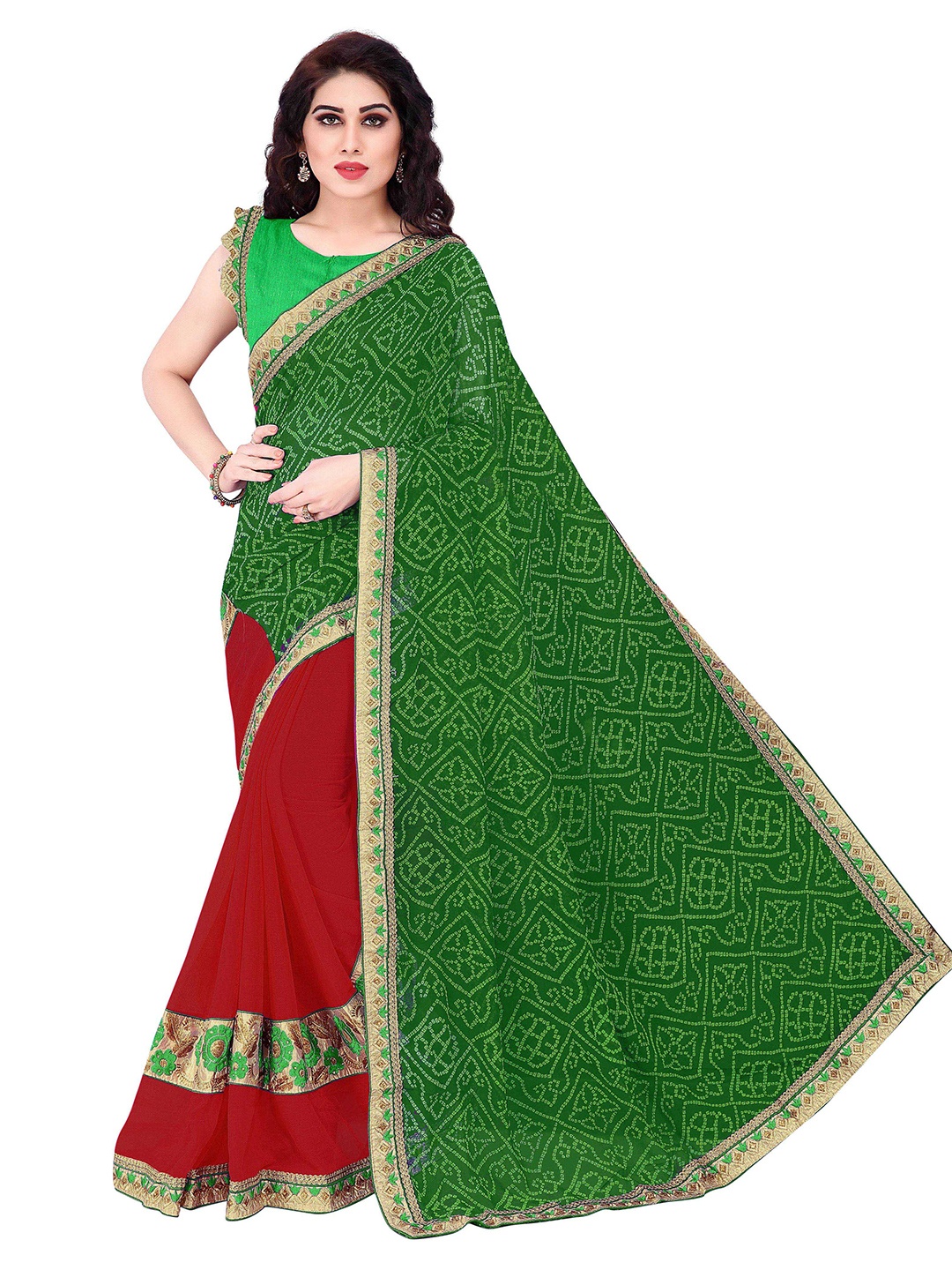 

Mirchi Fashion Green & Red Bandhani Beads and Stones Bandhani Saree