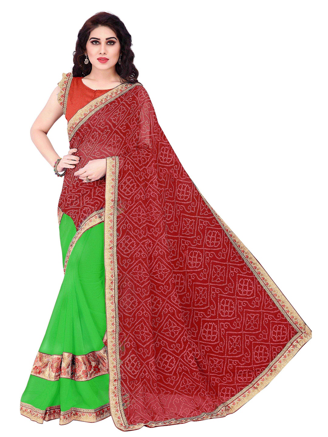 

Mirchi Fashion Red & Pink Bandhani Saree