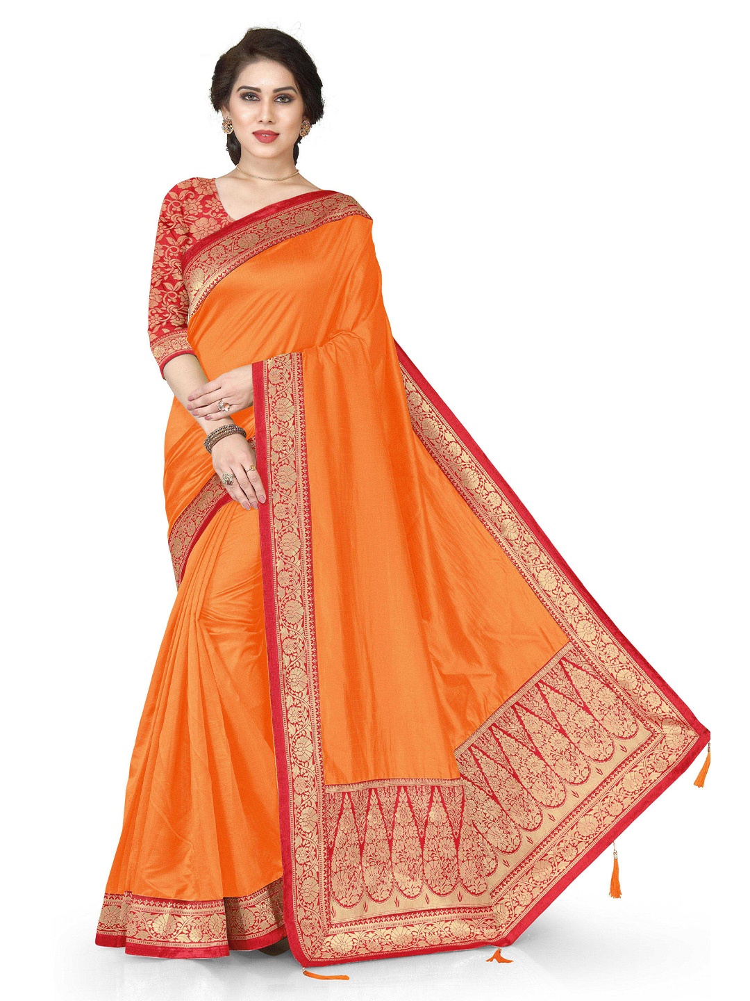 

MIRCHI FASHION Orange & Red Ethnic Motifs Zari Silk Blend Saree