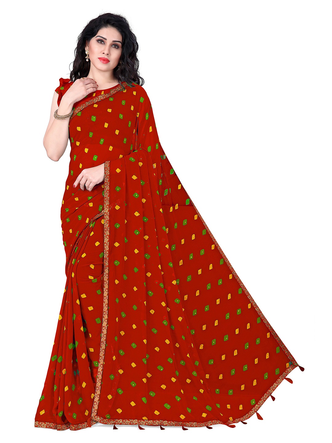 

KALINI Red & Green Bandhani Beads and Stones Bandhani Saree