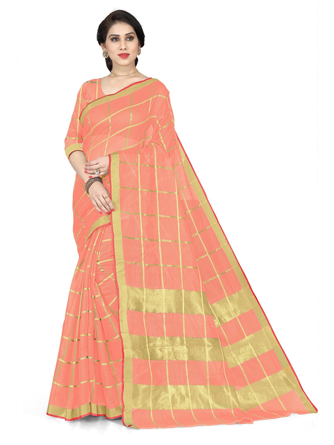 

KALINI Peach-Coloured & Gold-Toned Embellished Saree