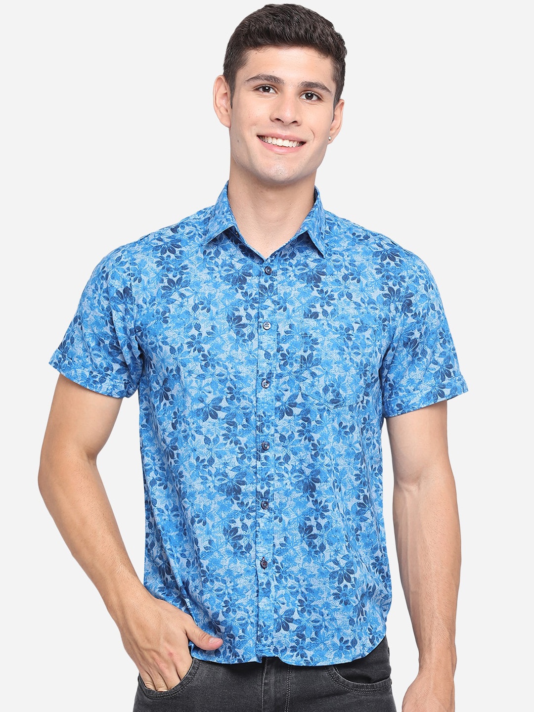 

Greenfibre Men Blue Classic Slim Fit Floral Opaque Printed Pure Cotton Casual Shirt