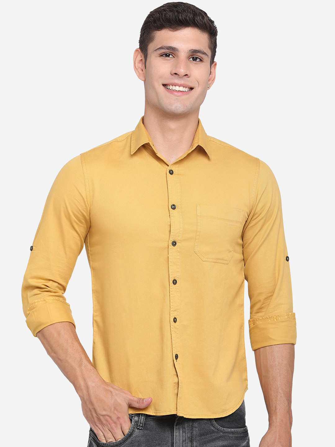

Greenfibre Men Yellow Classic Slim Fit Opaque Pure Cotton Casual Shirt