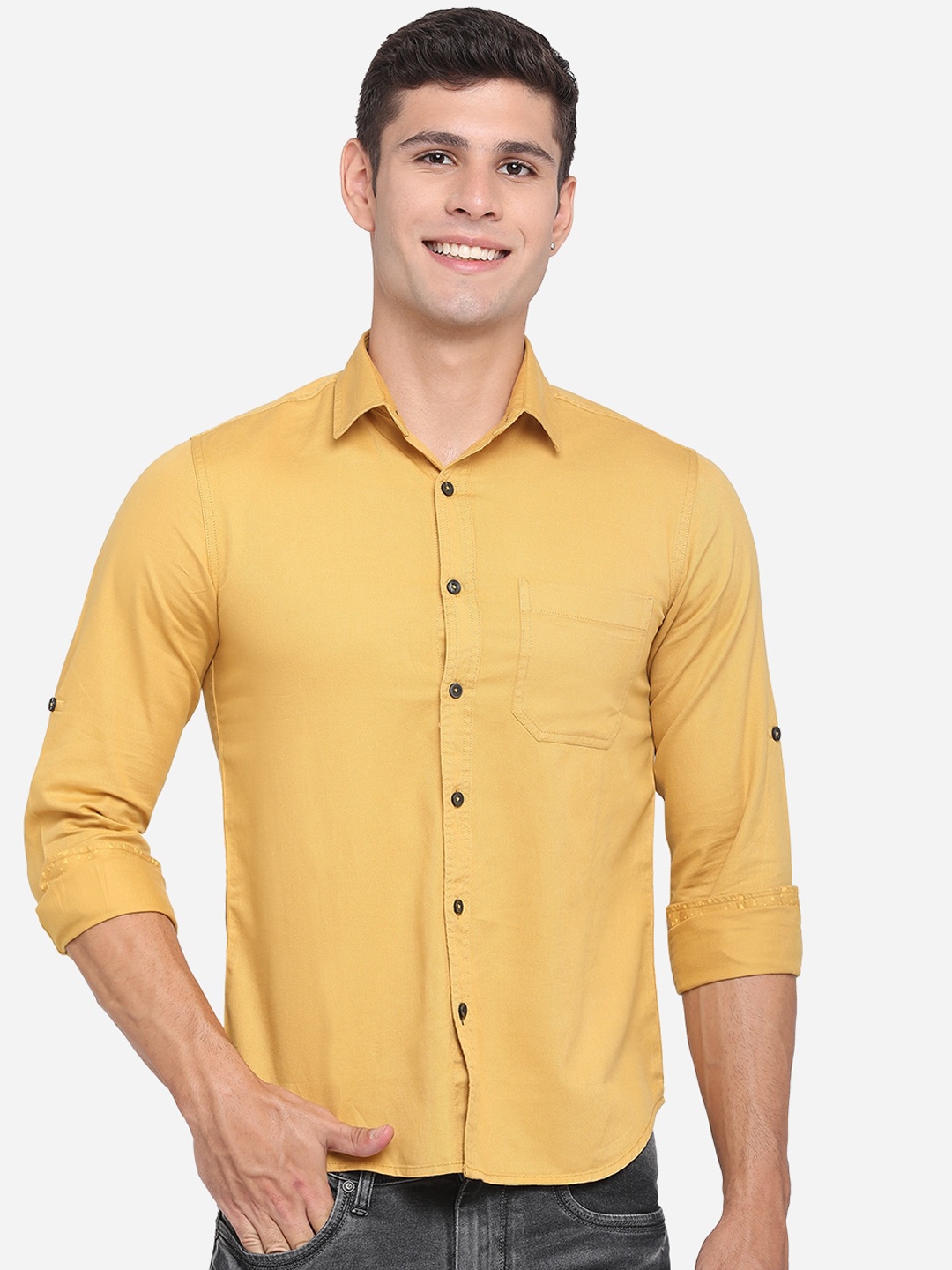 

Greenfibre Men Yellow Classic Slim Fit Opaque Pure Cotton Casual Shirt