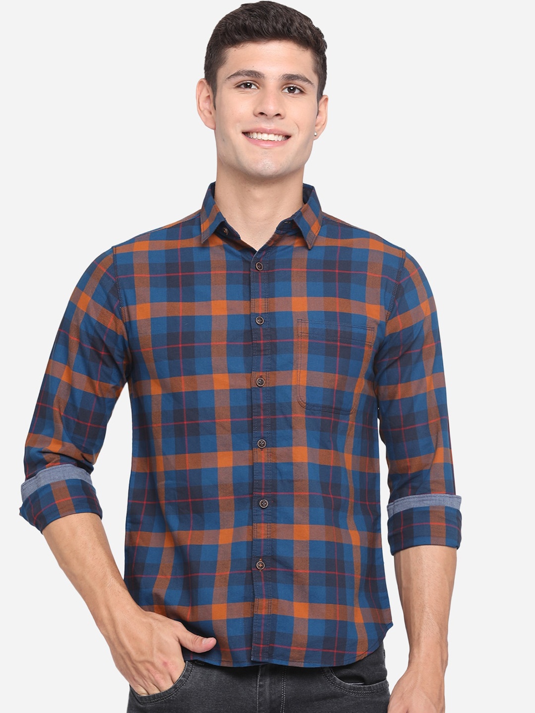 

Greenfibre Men Blue Classic Slim Fit Opaque Checked Casual Shirt