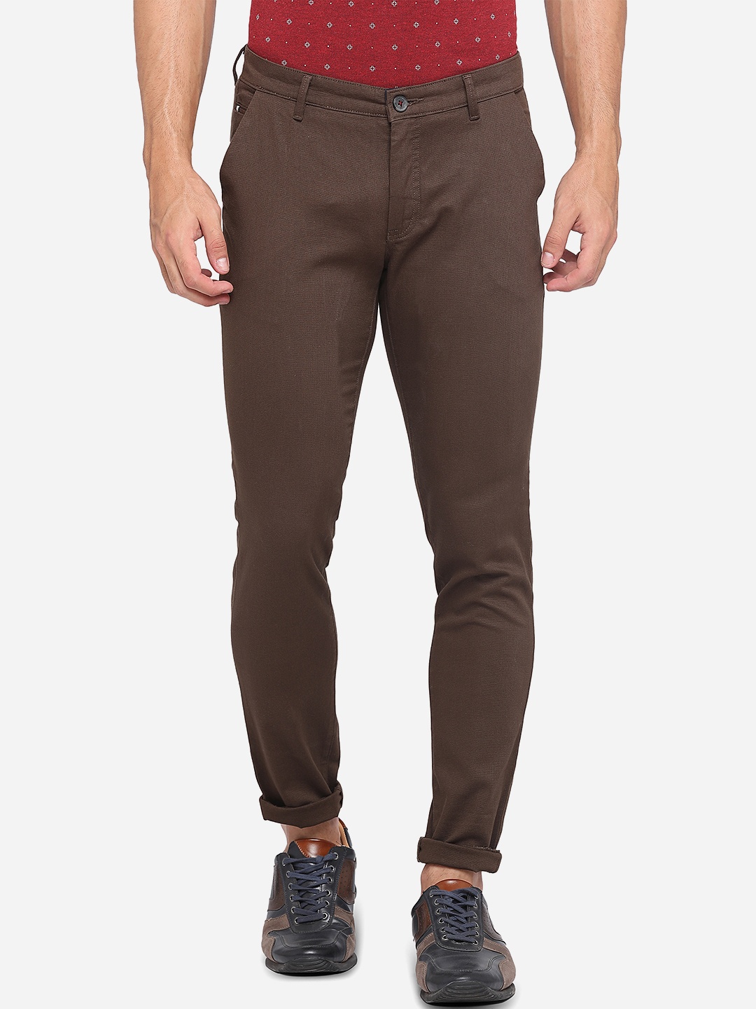 

Greenfibre Men Olive Brown Slim Fit Easy Wash Chinos Trousers