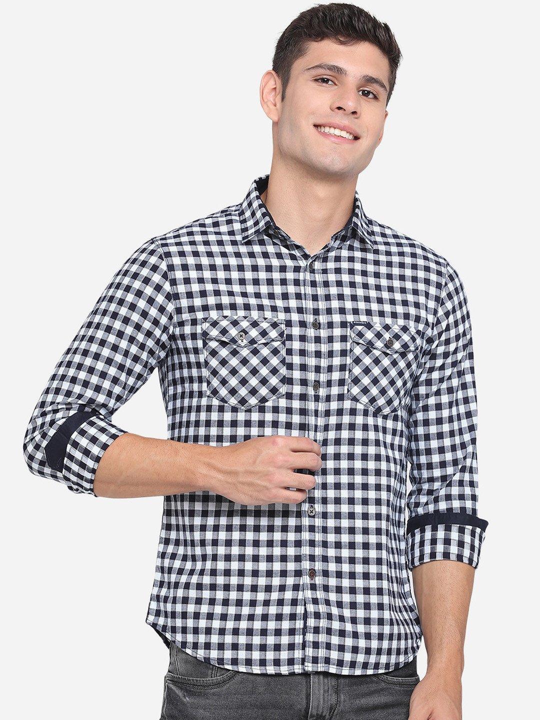 

Greenfibre Men White & Blue Classic Gingham Checked Pure Cotton Slim Fit Casual Shirt