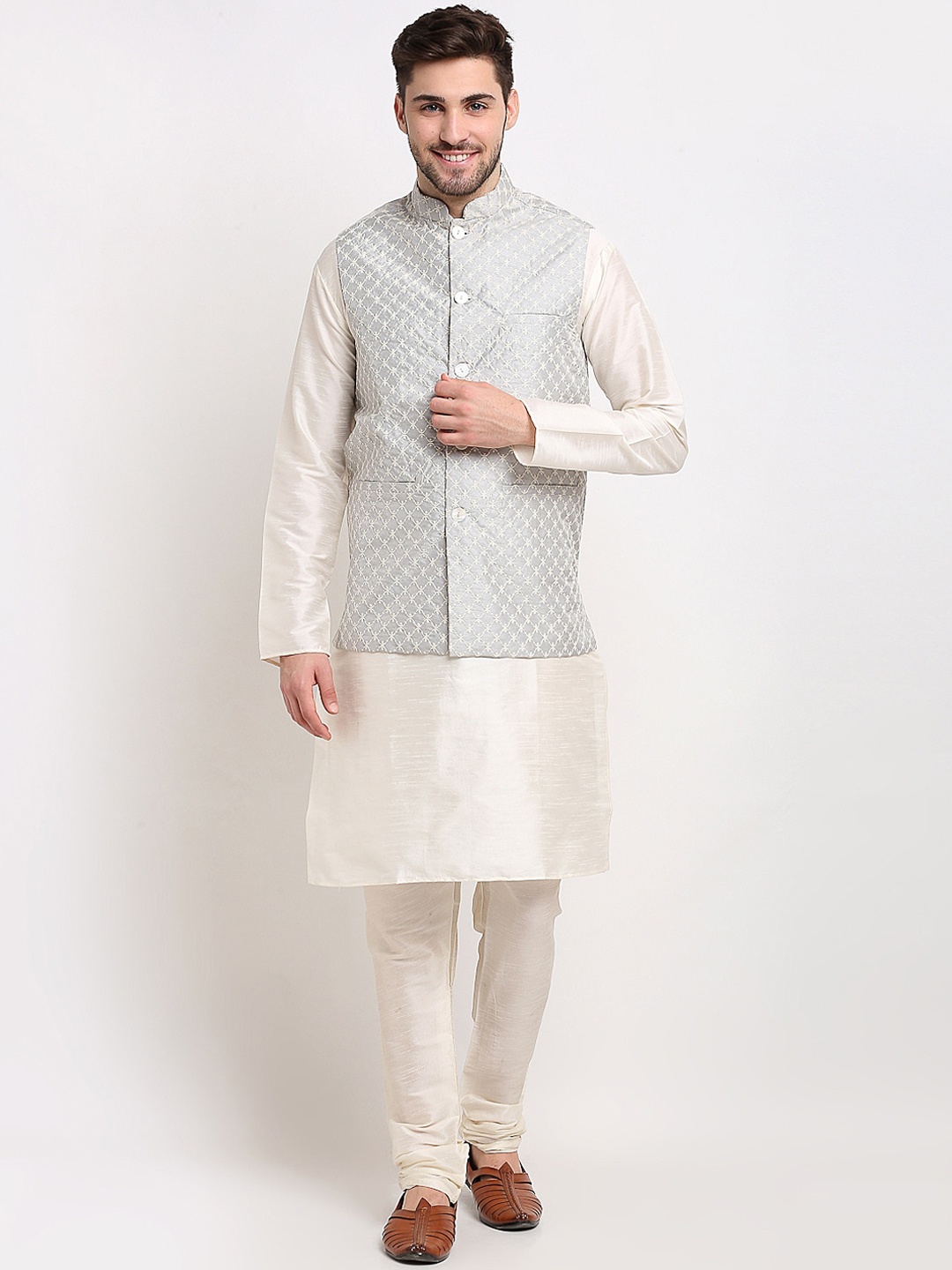 

Jompers Men Grey Layered Thread Work Dupion Silk Kurta with Churidar