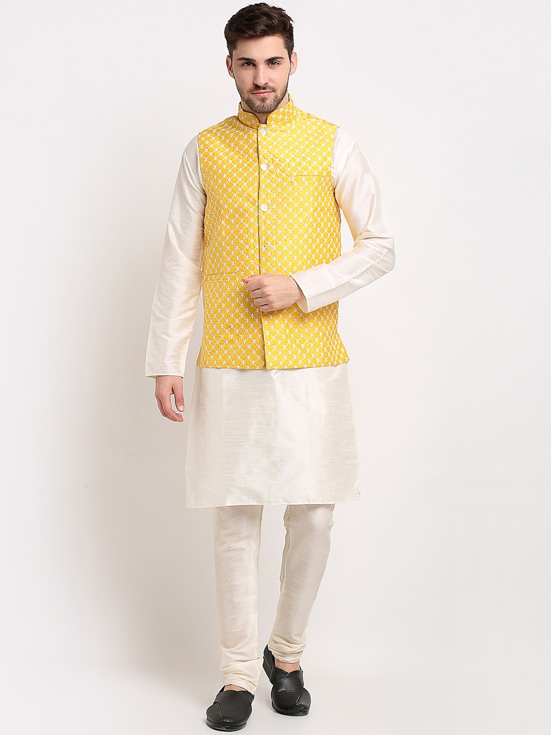 

Jompers Men Mustard Yellow Regular Thread Work Dupion Silk Kurta with Churidar