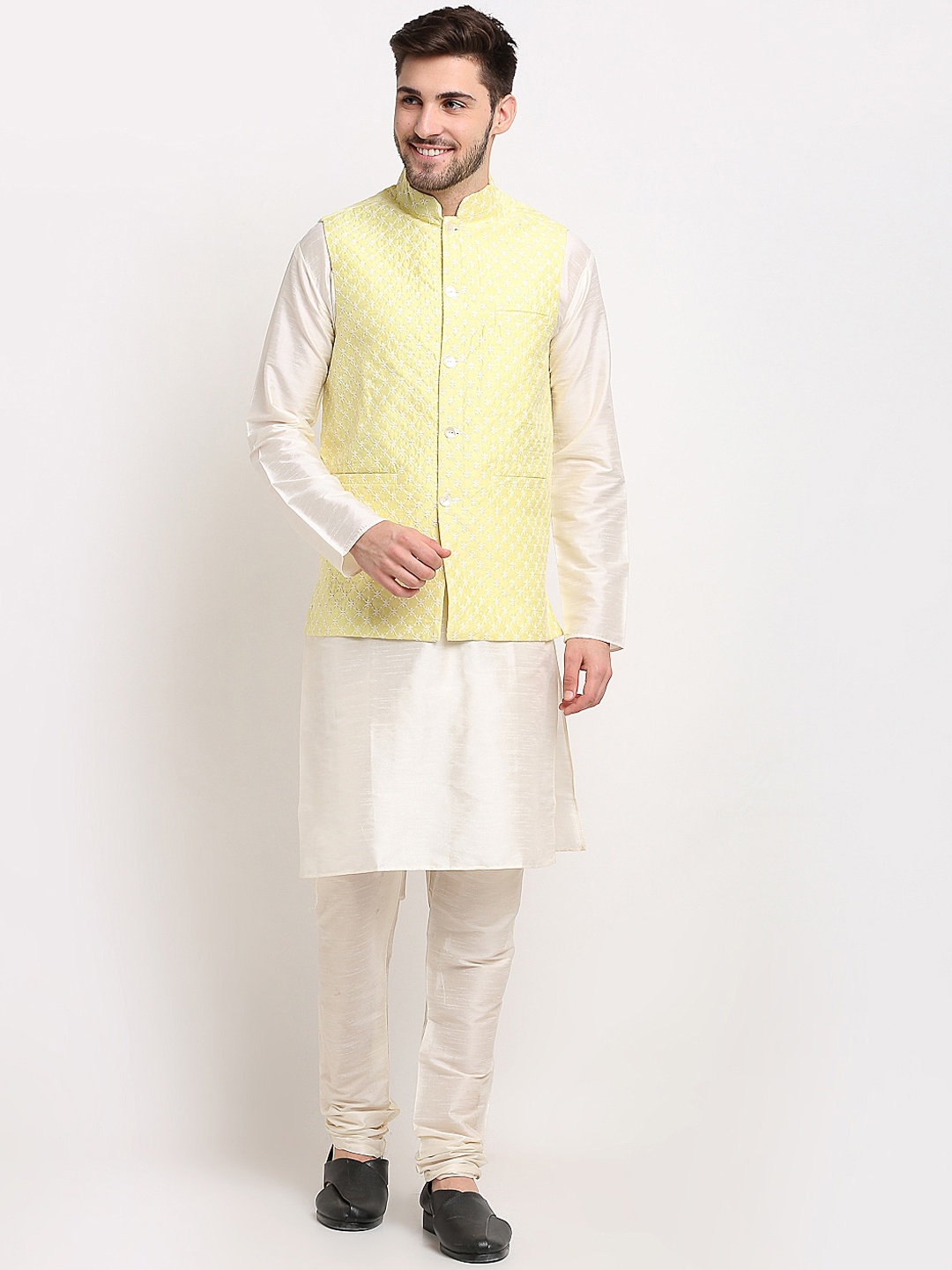 

Jompers Men Yellow Regular Thread Work Dupion Silk Kurti with Churidar