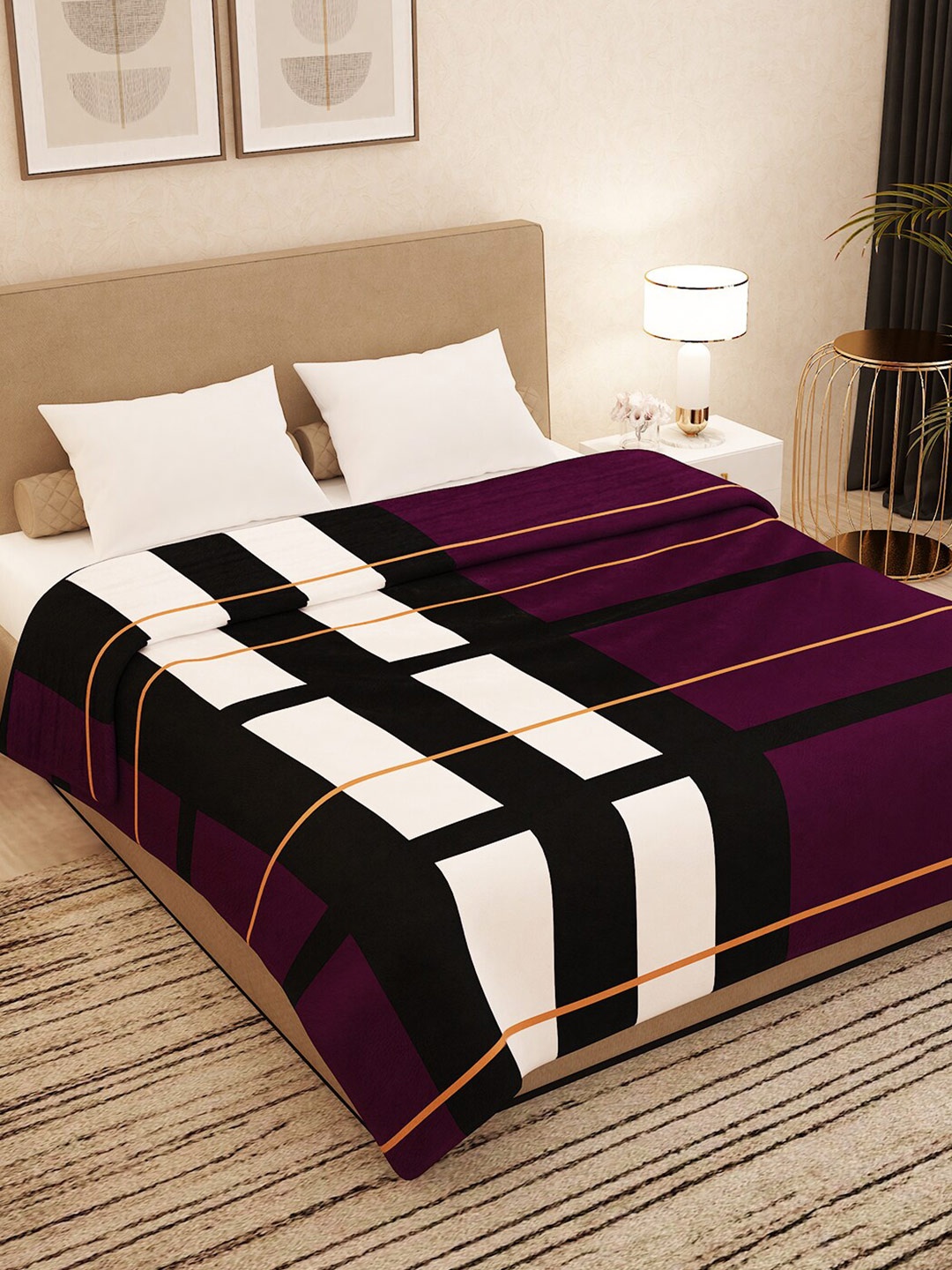 

Story@home Magenta & White Checked AC Room 300 GSM Double Bed Blanket