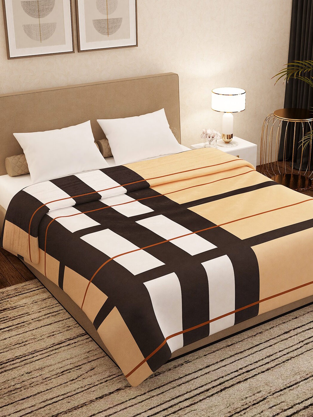 

Story@home Beige & White Checked AC Room 300 GSM Double Bed Blanket