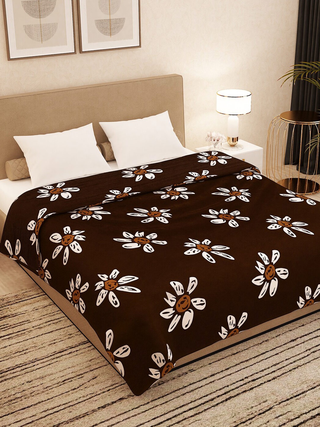 

Story@home Brown & White Floral AC Room 300 GSM Double Bed Blanket