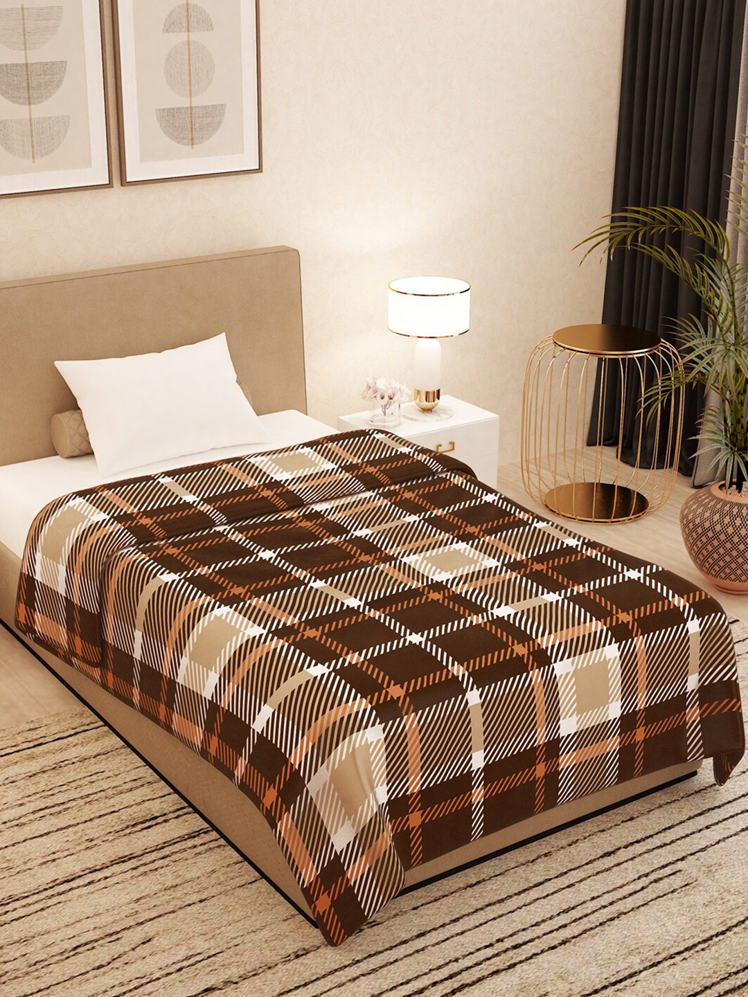 

Story@home Brown & Beige Checked AC Room 300 GSM Single Bed Blanket