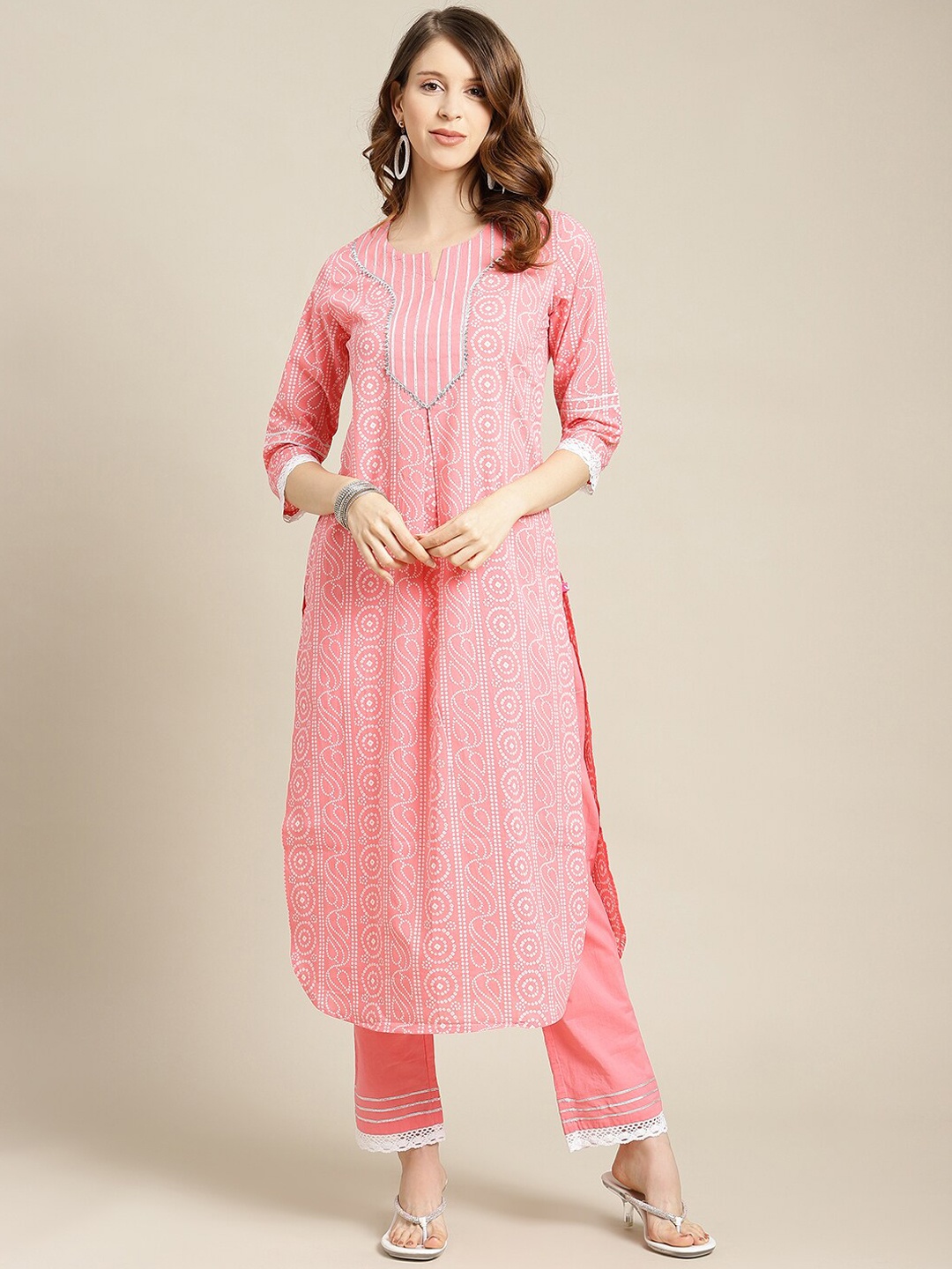 

Varanga Women Peach-Coloured Striped Regular Pure Cotton Kurta with Trousers