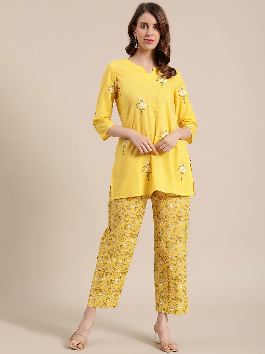 

Varanga Women Yellow & White Printed Pure Cotton Tunic with Trousers