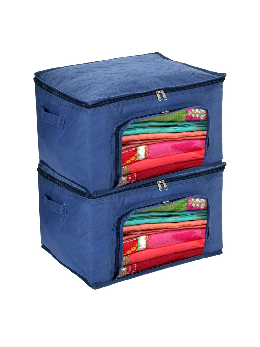 

Kuber Industries Set Of 2 Blue Solid Under Bed Foldable Organizers