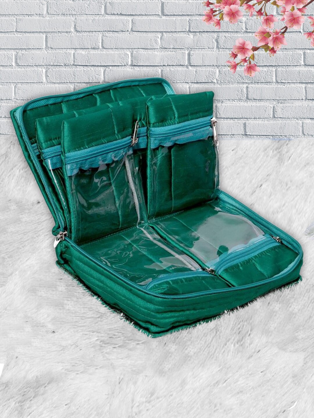 

Kuber Industries Green & Gold-Coloured Printed Water-Resistant Cotton Jewellery Organiser