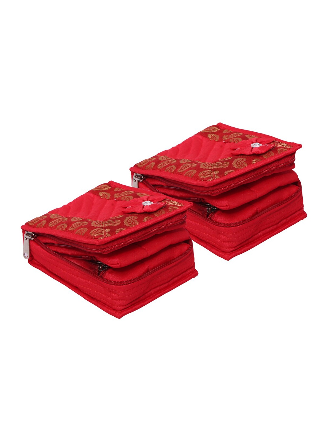 

Kuber Industries Set Of 2 Red & Gold-Coloured Printed Cotton Portable Jewellery Organizers