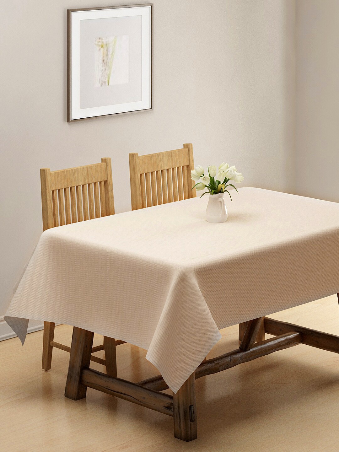 

KLOTTHE Cream-Coloured Woven Design Cotton 6-Seater Rectangular Table Cover