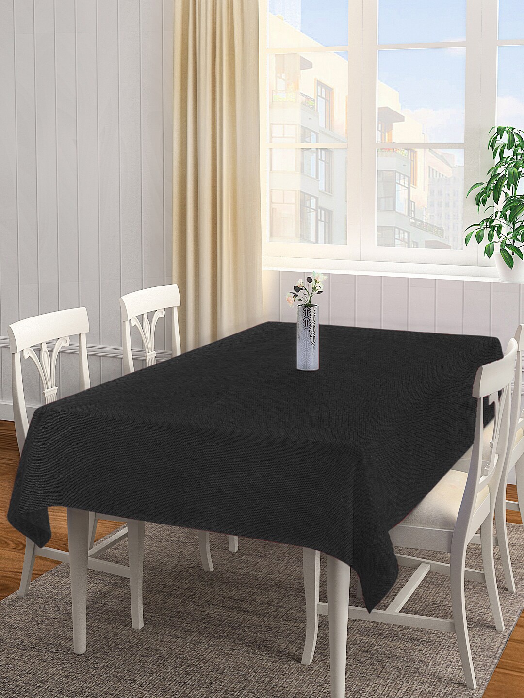

KLOTTHE Black Woven Design Cotton 6-Seater Rectangular Table Cover