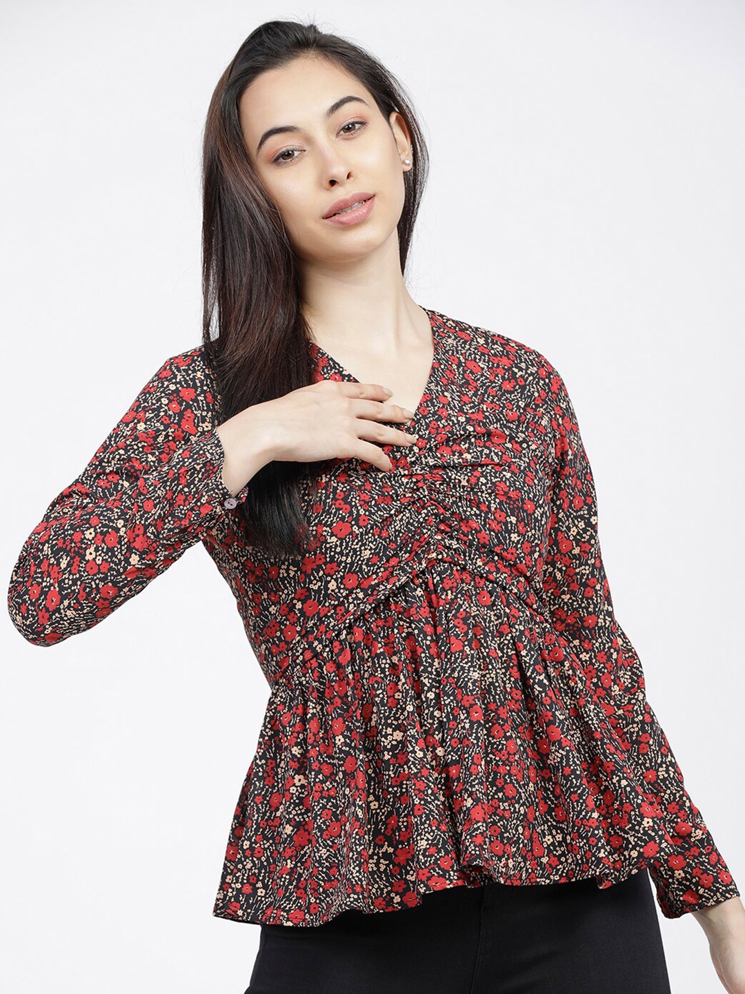 

Tokyo Talkies Black & Red Floral Georgette Empire Top