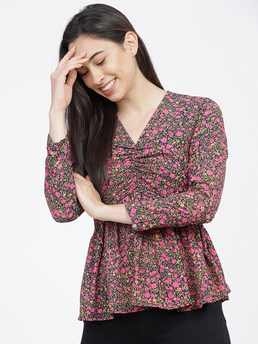 

Tokyo Talkies Green & Pink Floral Georgette Empire Top