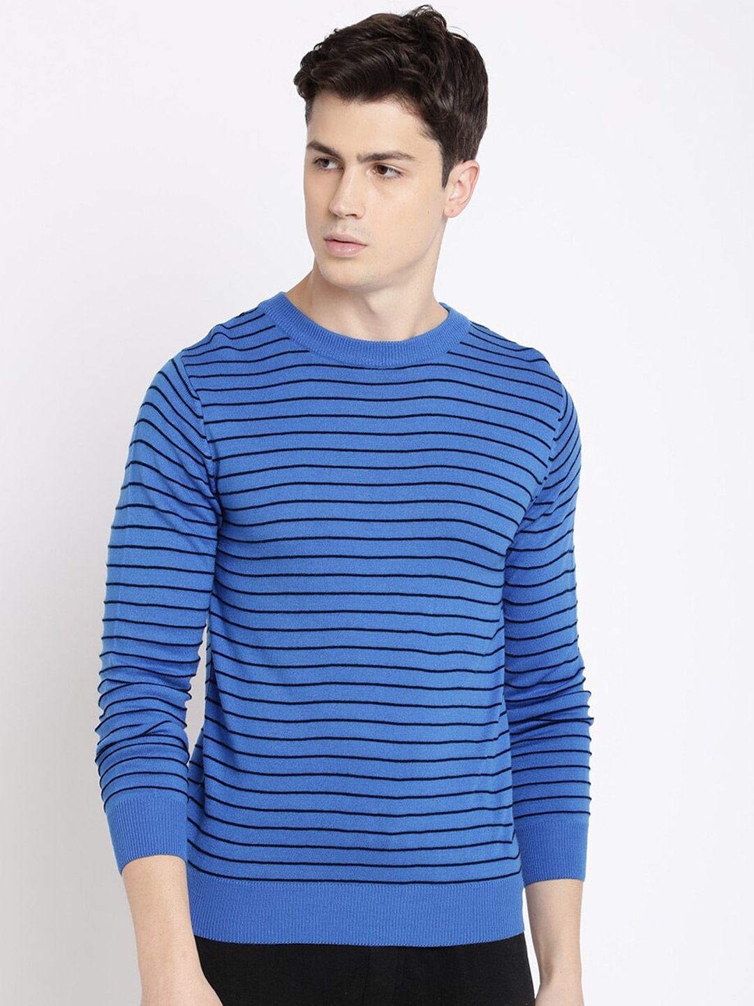 

MASH UNLIMITED Men Blue & Black Striped Pullover