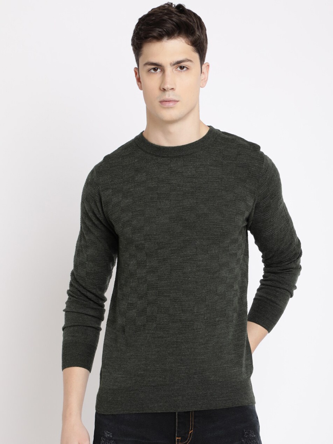 

MASH UNLIMITED Men Olive Green Striped Pullover