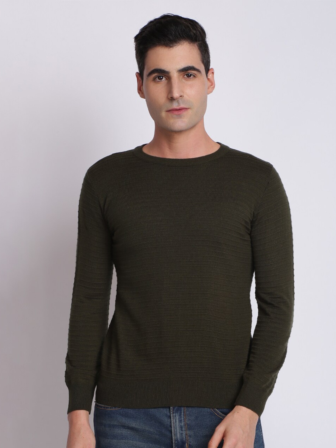 

MASH UNLIMITED Men Olive Green Striped Pullover
