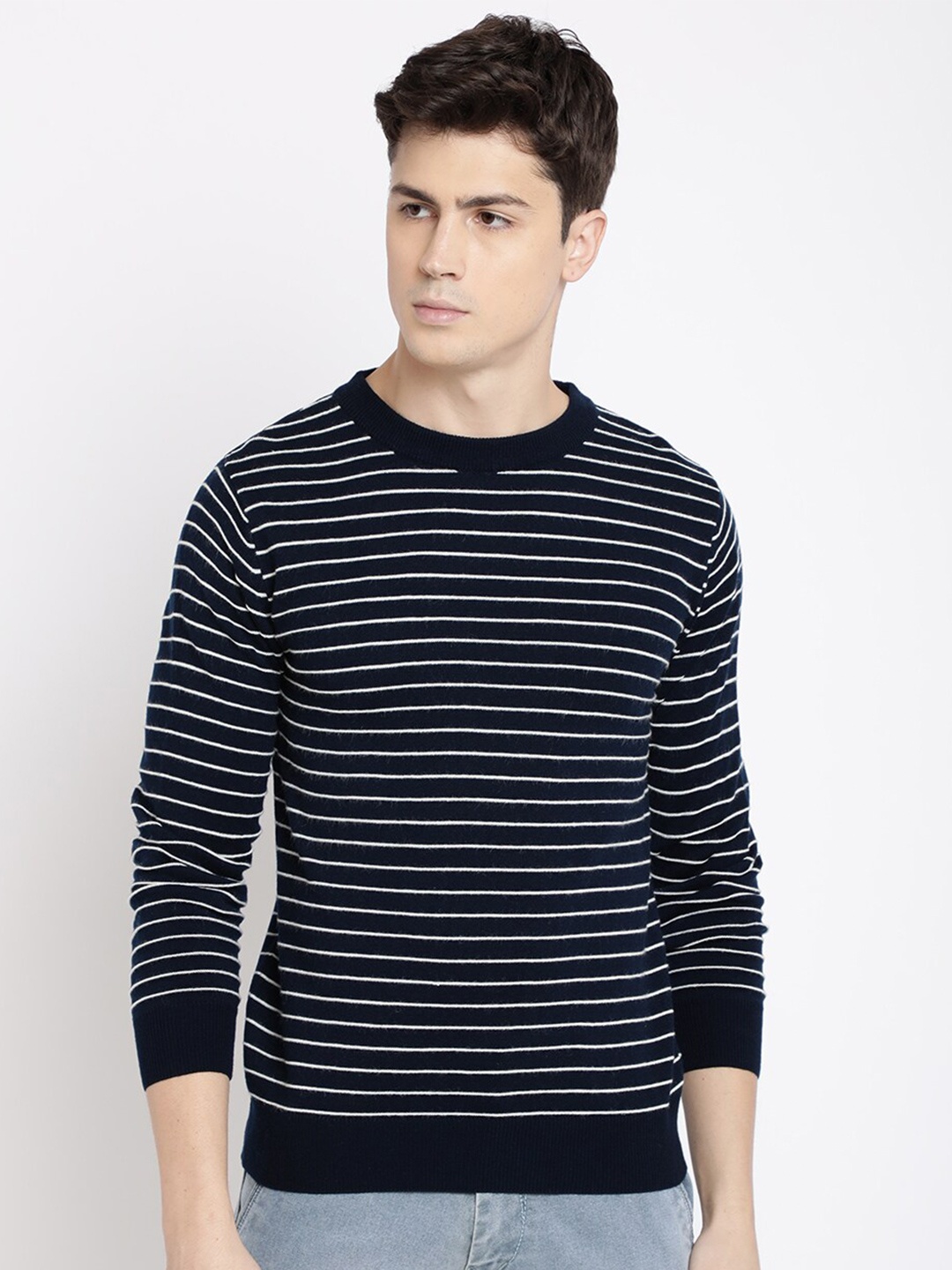 

MASH UNLIMITED Men Navy Blue & White Striped Pullover