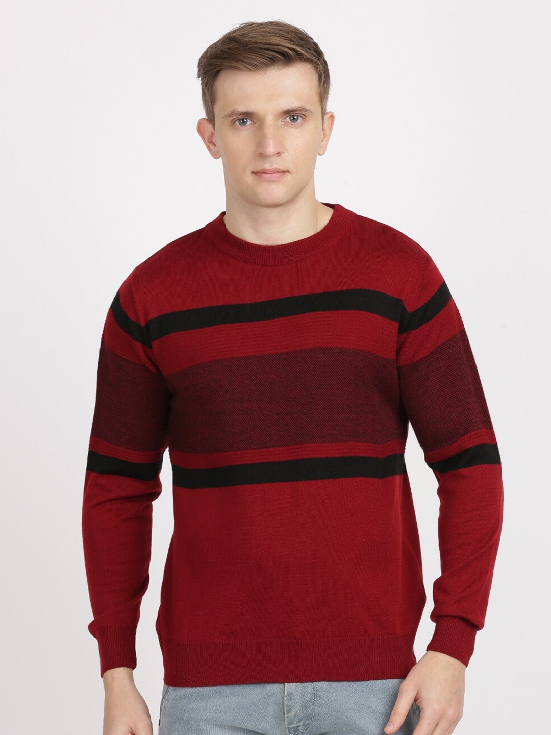 

MASH UNLIMITED Men Red & Black Colourblocked Pullover