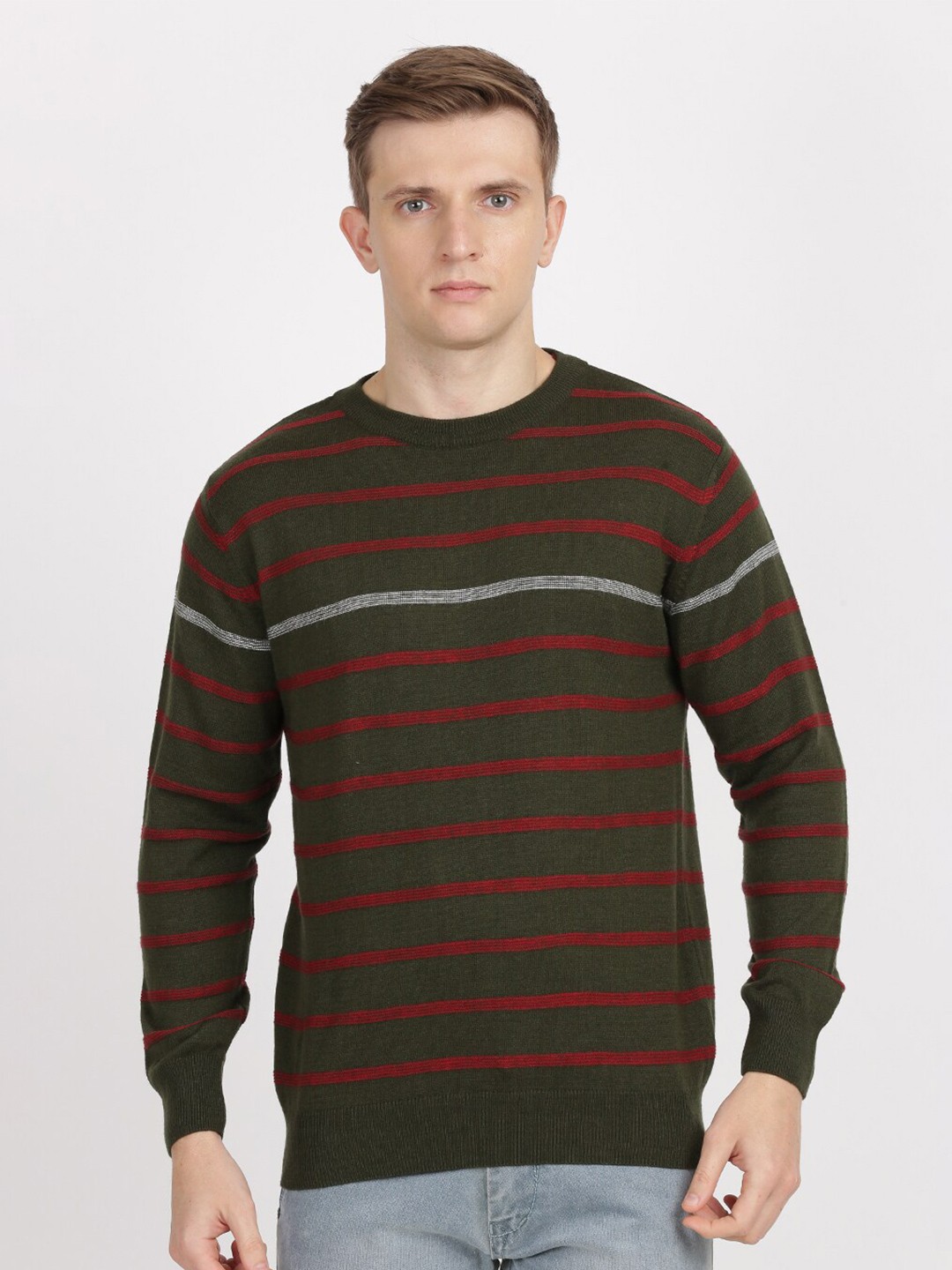 

MASH UNLIMITED Men Green & Red Striped Pullover