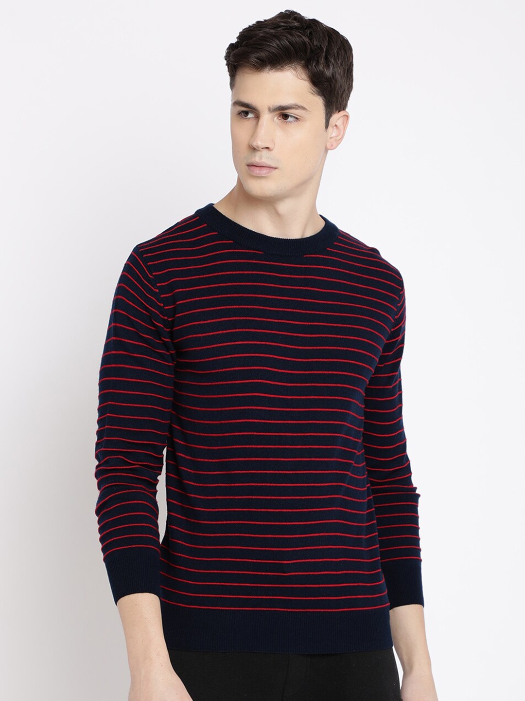 

MASH UNLIMITED Men Navy Blue & Red Striped Pullover