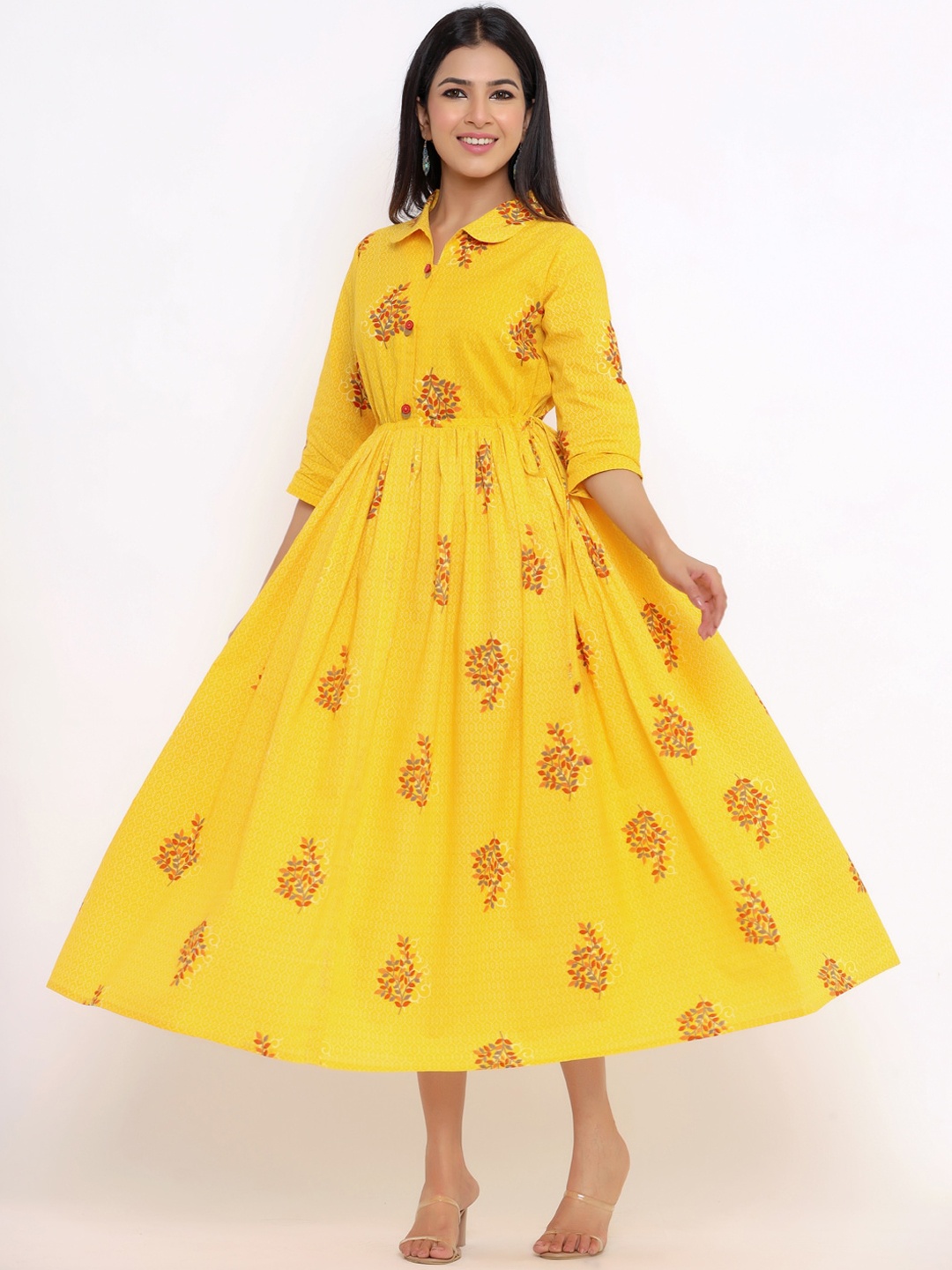 

Indian Virasat Yellow Ethnic Motifs Ethnic Cotton Midi Dress