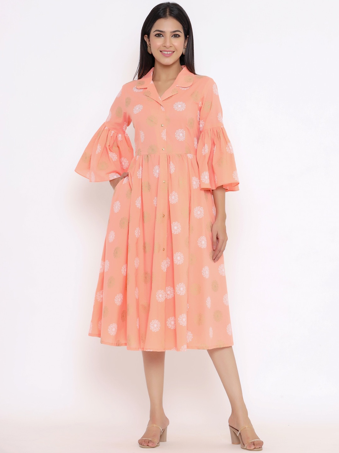 

Indian Virasat Peach-Coloured Floral Midi Dress