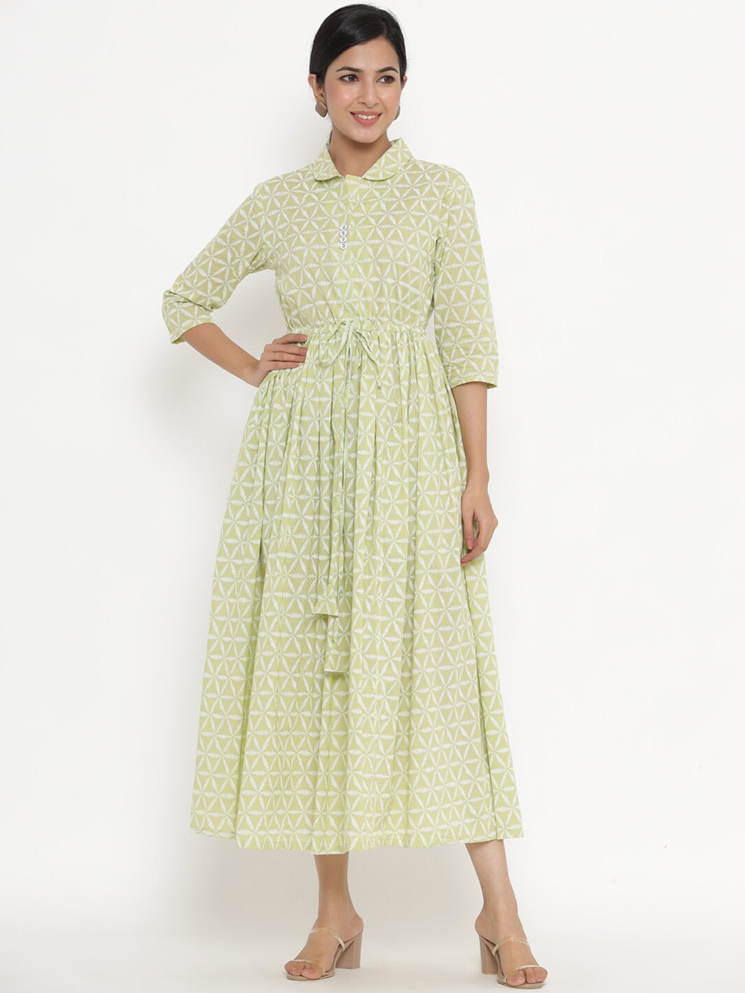 

Indian Virasat Women Green Printed Cotton Midi Flared Dress