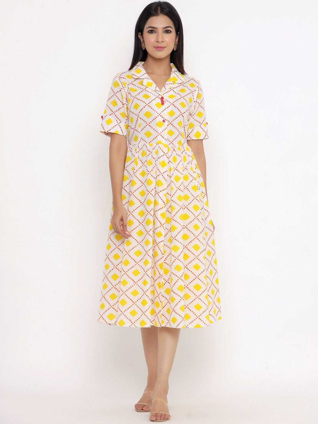 

Indian Virasat White & Yellow A-Line Midi Cotton Dress