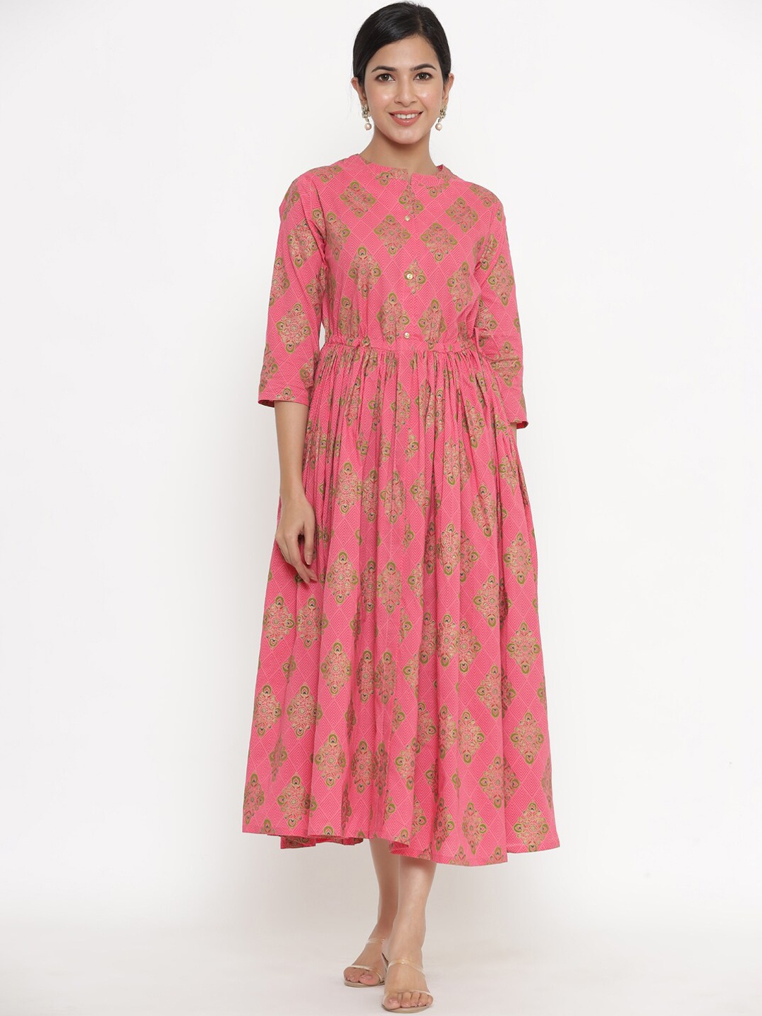 

Indian Virasat Pink Ethnic Motifs Cotton Midi Dress