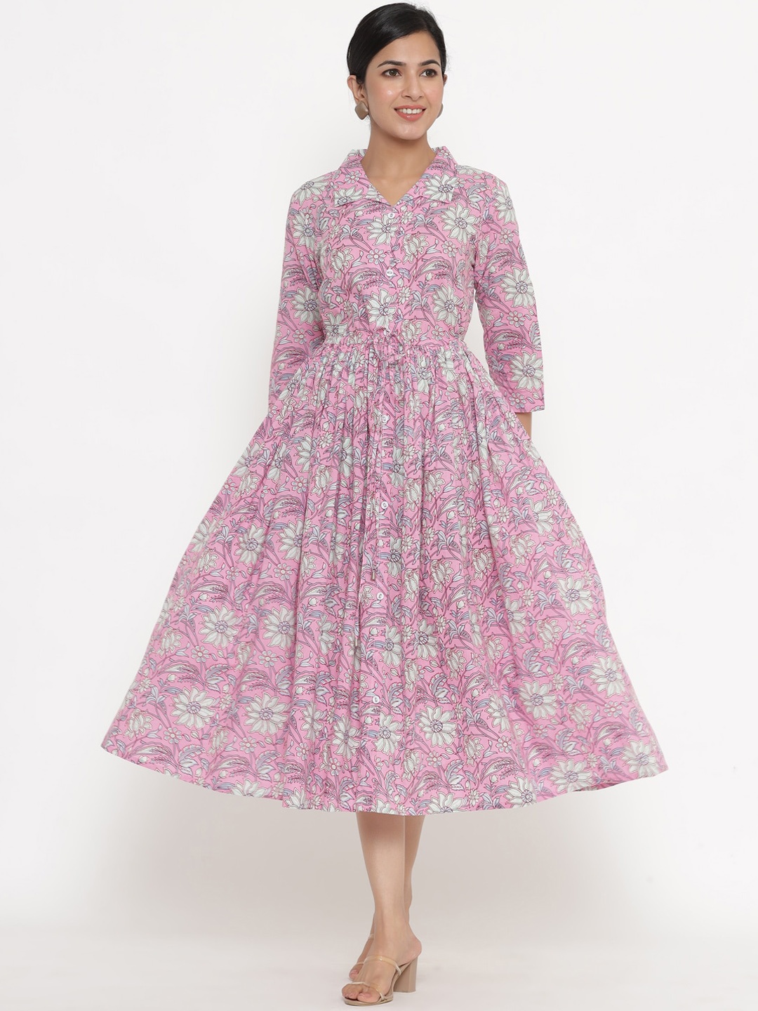 

Indian Virasat Pink & Off White Floral Midi Cotton Dress
