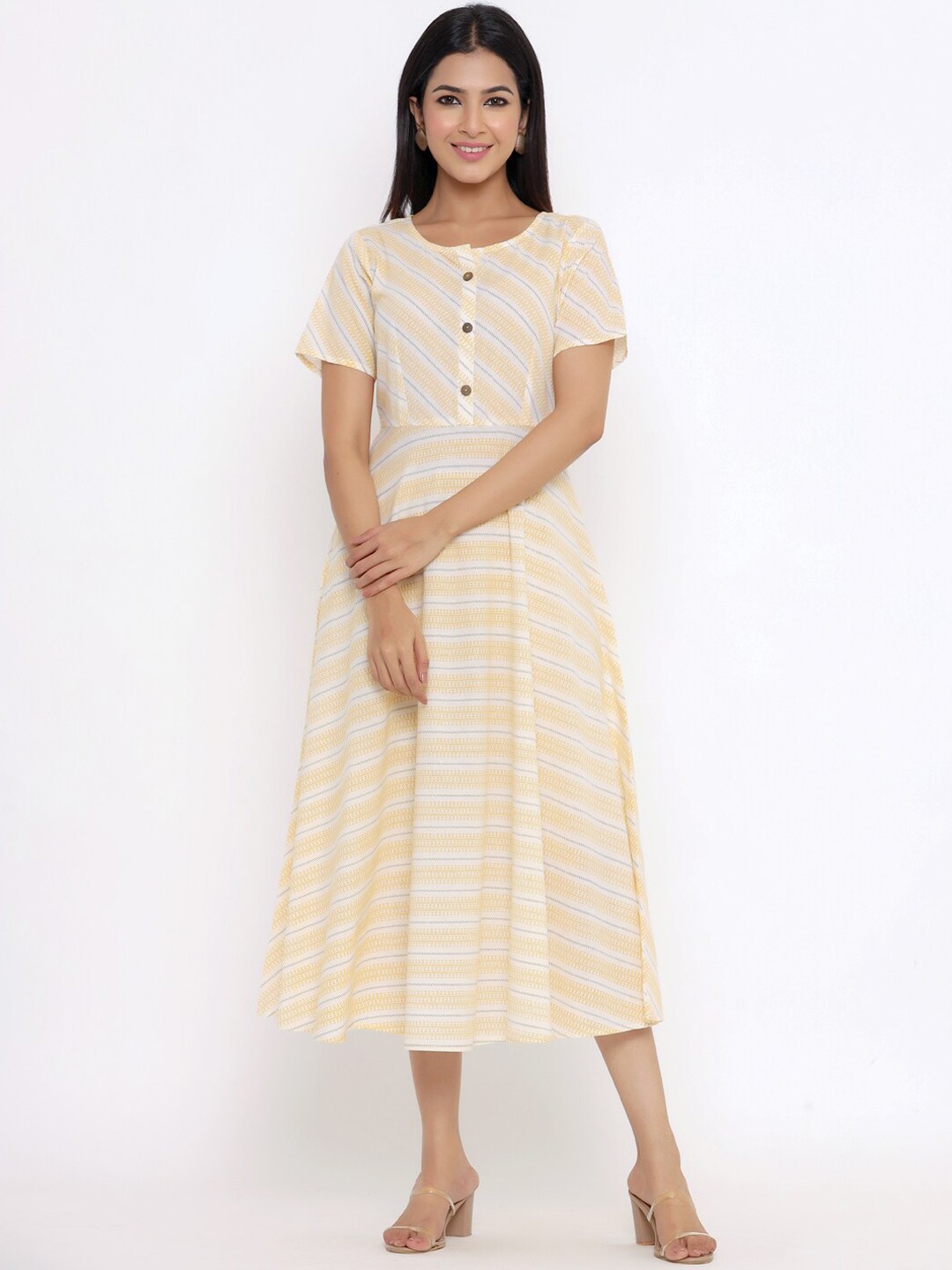 

Indian Virasat Yellow Striped Midi Dress