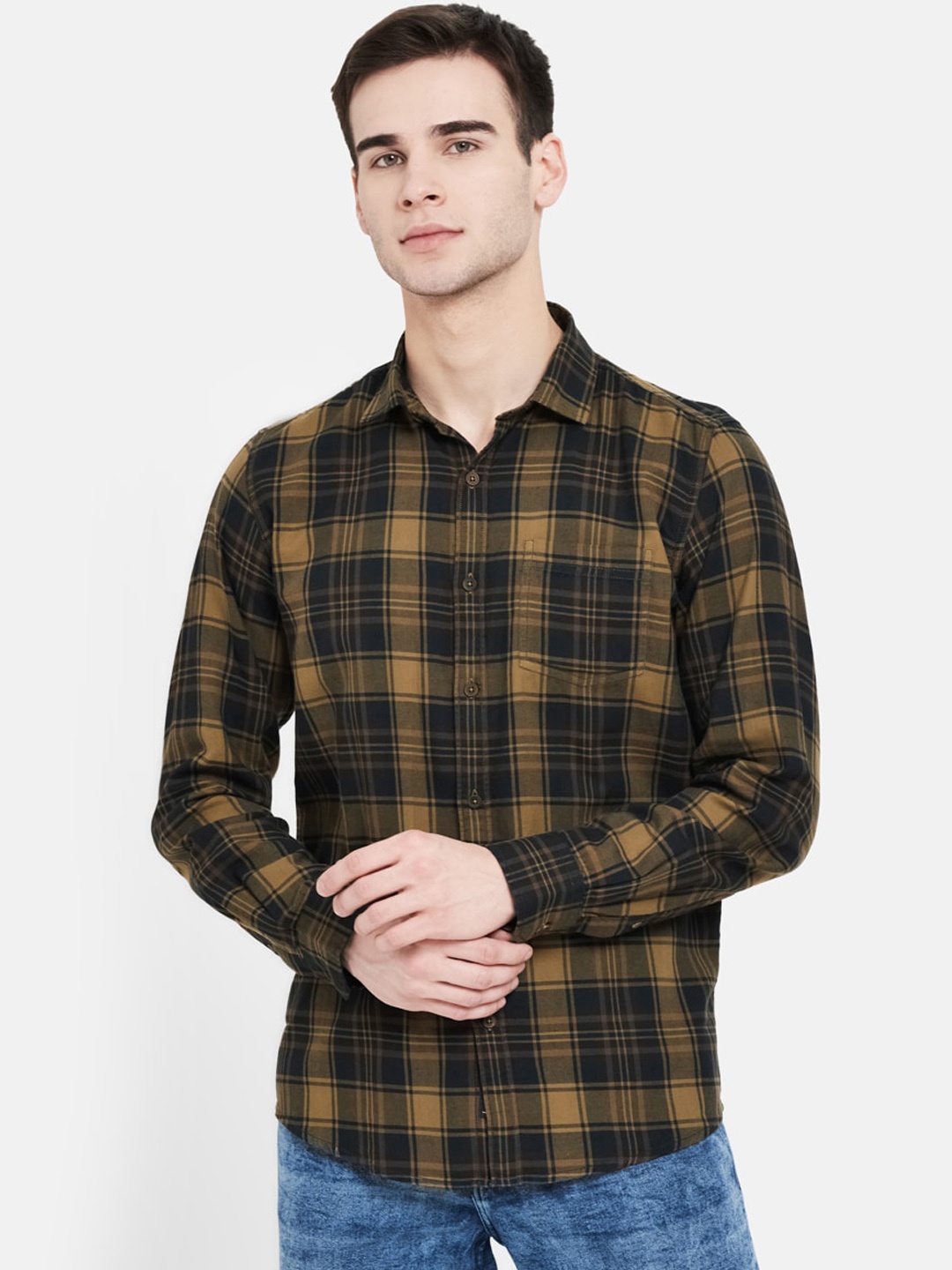 

METTLE Men Yellow & Black Opaque Checked Cotton Casual Shirt