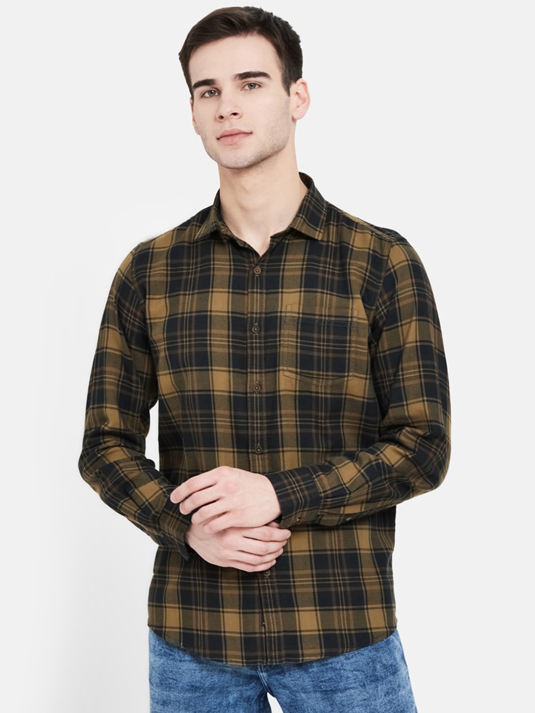

METTLE Men Yellow Opaque Checked Casual Shirt