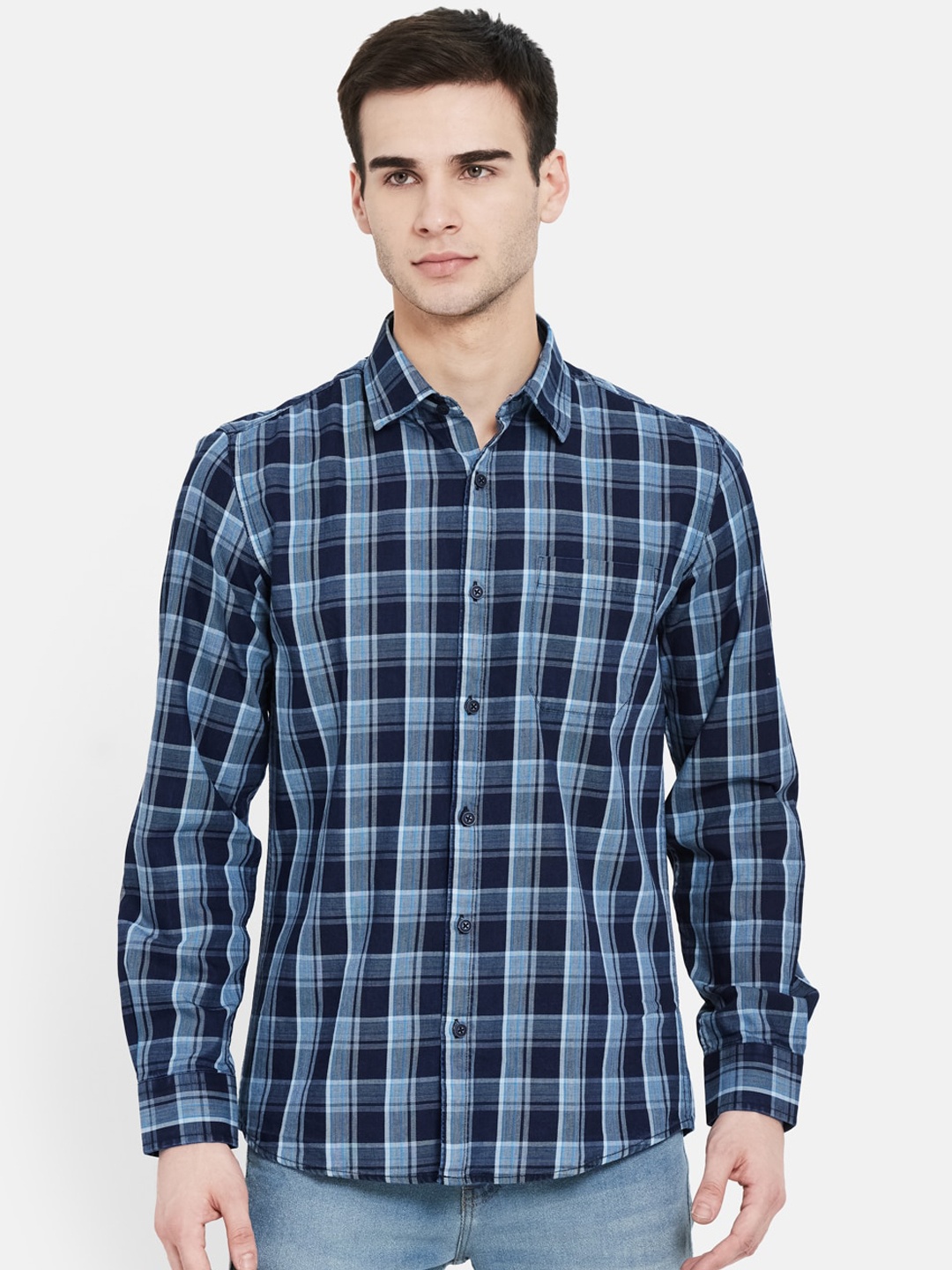 

METTLE Men Blue Opaque Checked Casual Cotton Shirt