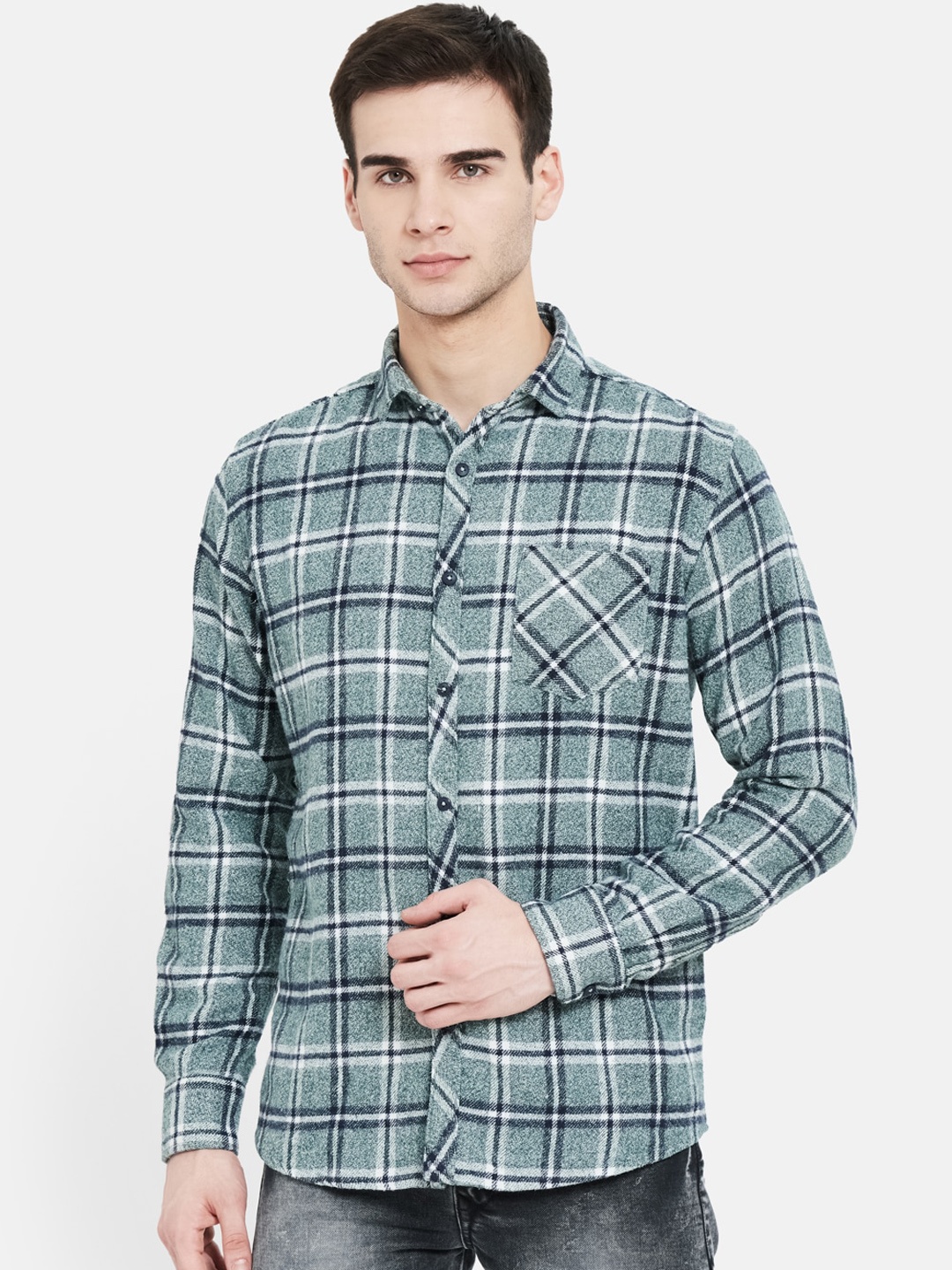 

METTLE Men Olive Green Tartan Checked Casual Shirt