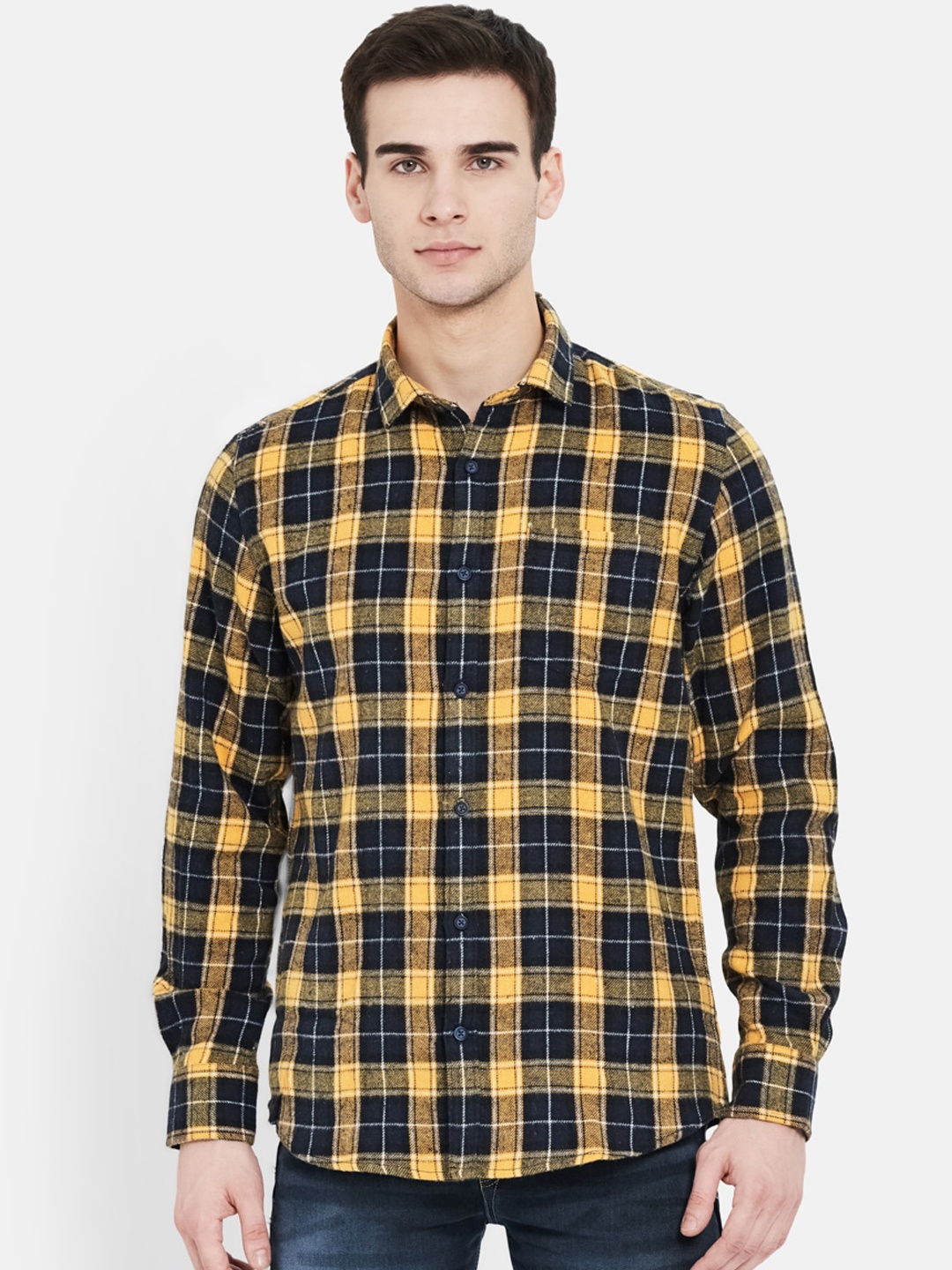 

METTLE Men Yellow Opaque Checked Cotton Casual Shirt