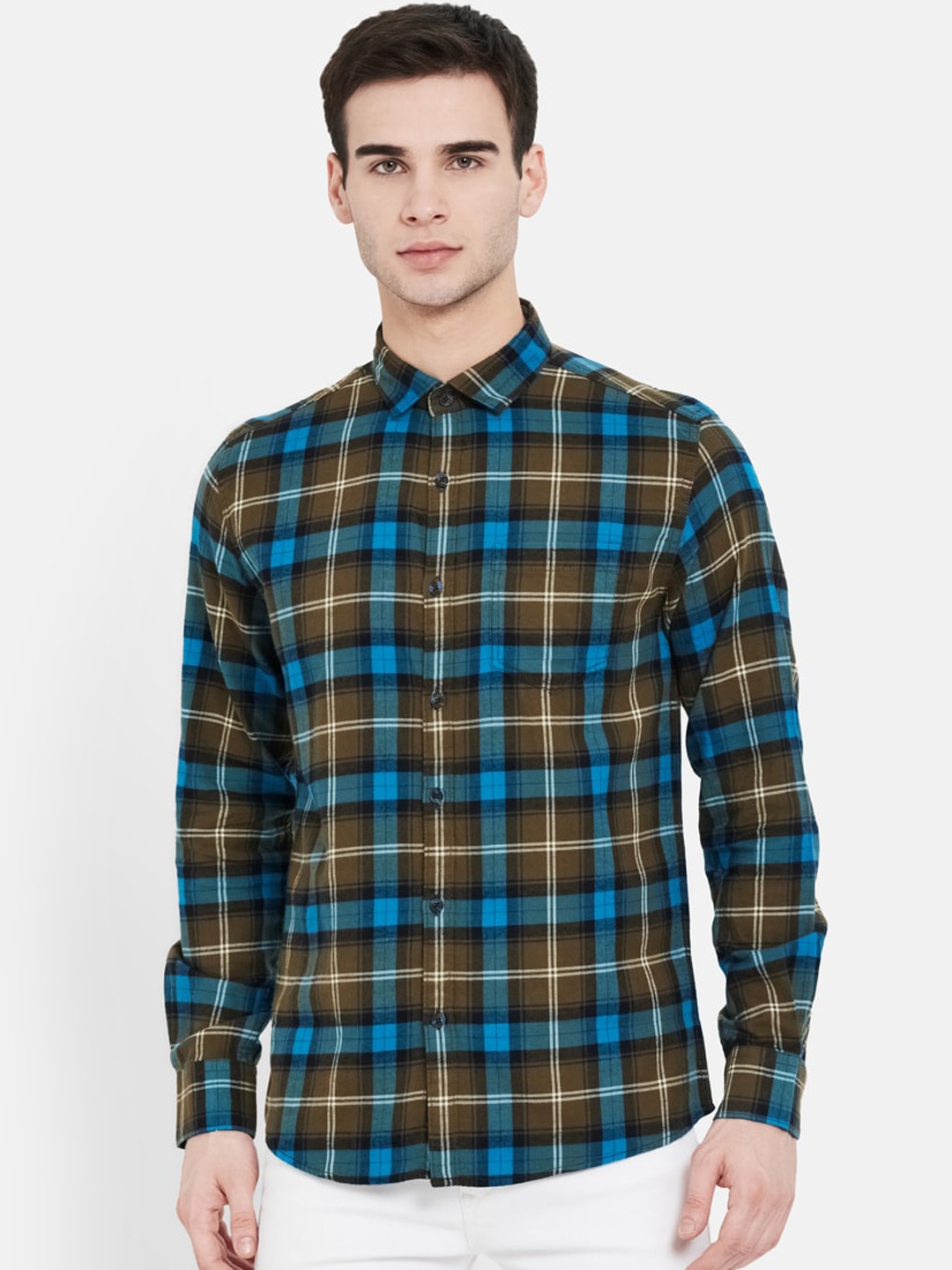 

METTLE Men Blue Opaque Checked Cotton Casual Shirt