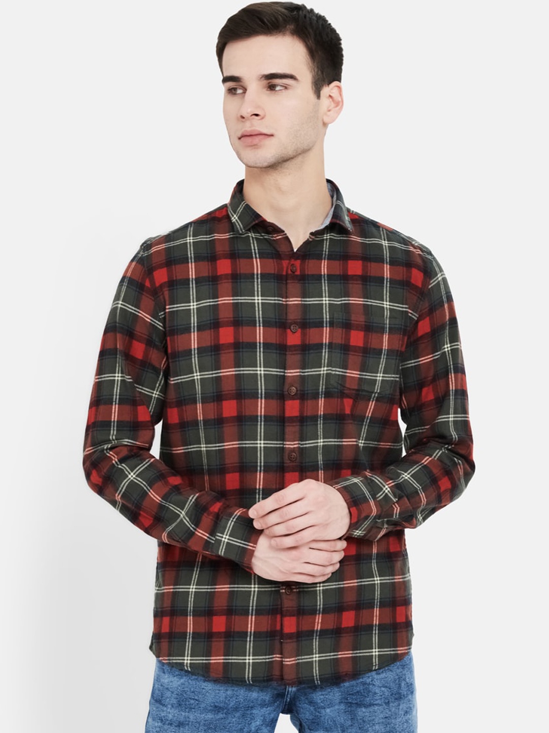 

METTLE Men Maroon & Olive Green Cotton Checked Casual Shirt